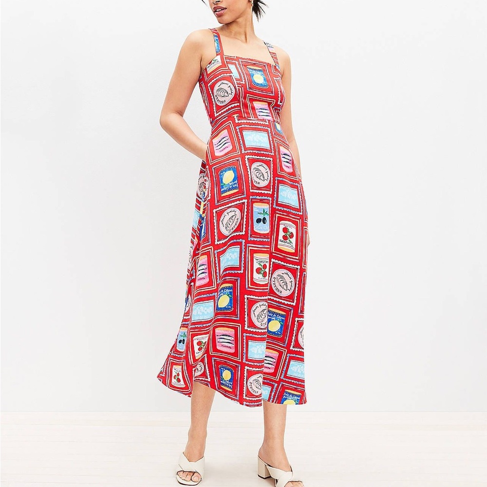 NWT LOFT Linen Blend Printed Midi - Sardine Can Print